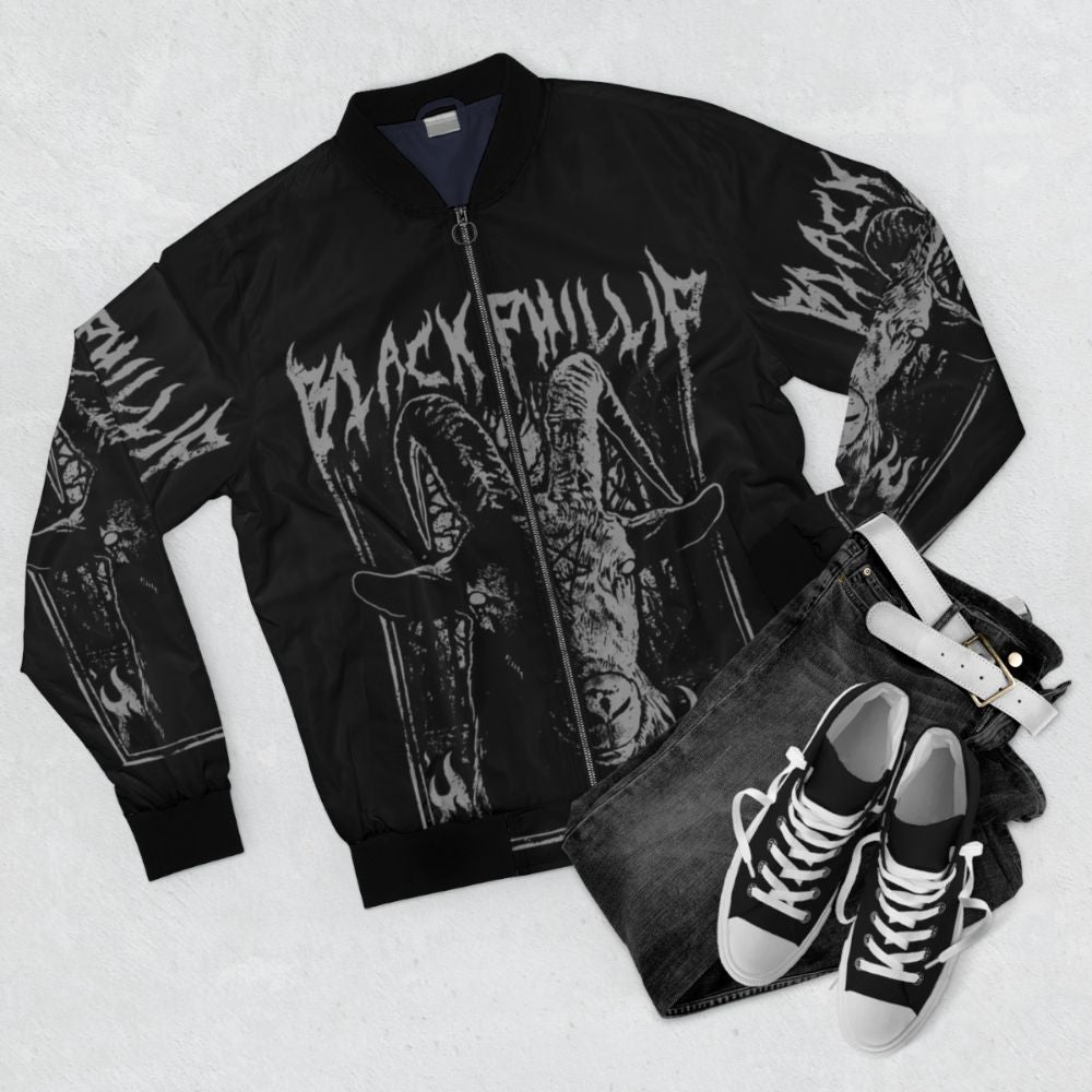 Black metal-inspired bomber jacket featuring 'The Witch' imagery and symbols - Flat lay