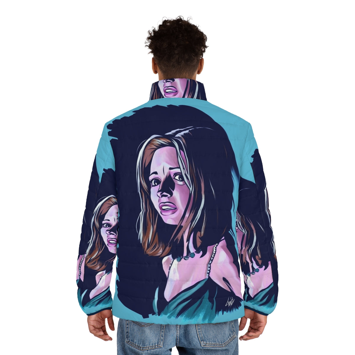 Helen Shivers horror-themed puffer jacket with slasher movie graphics - men back