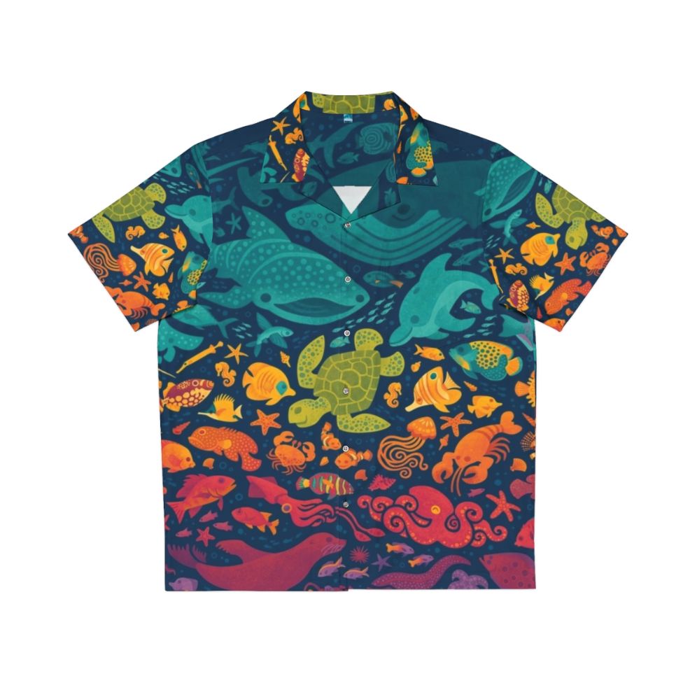 Colorful Hawaiian shirt with a spectrum of aquatic sea life