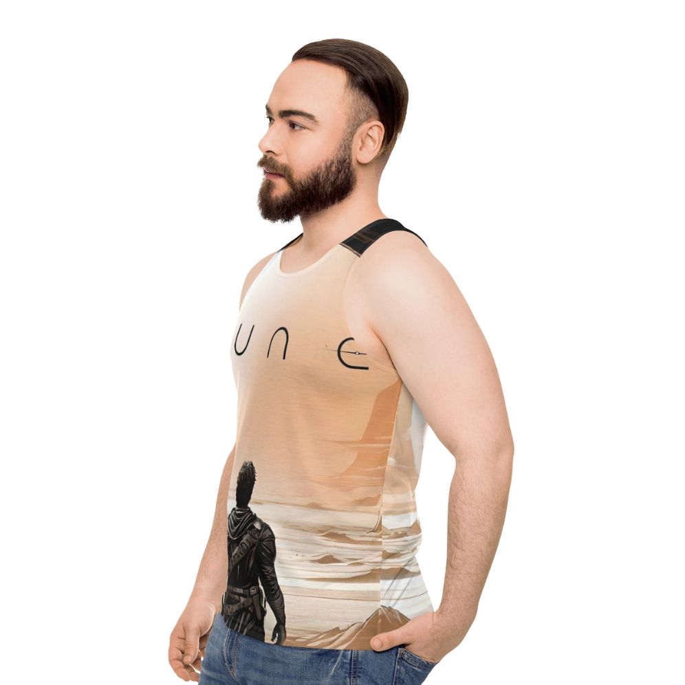 Dune Unisex Tank Top featuring the iconic desert landscape and imagery from the sci-fi classic - men side