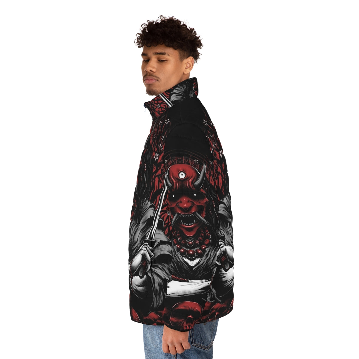 Oni Puffer Jacket featuring Japanese folklore demon and sakura flowers - men side left