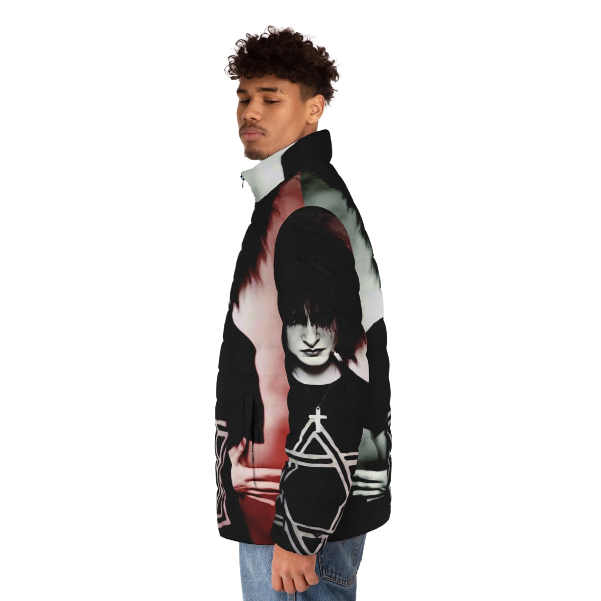 Siouxsie Sioux-inspired 80s puffer jacket with gothic and post-punk style - men side left