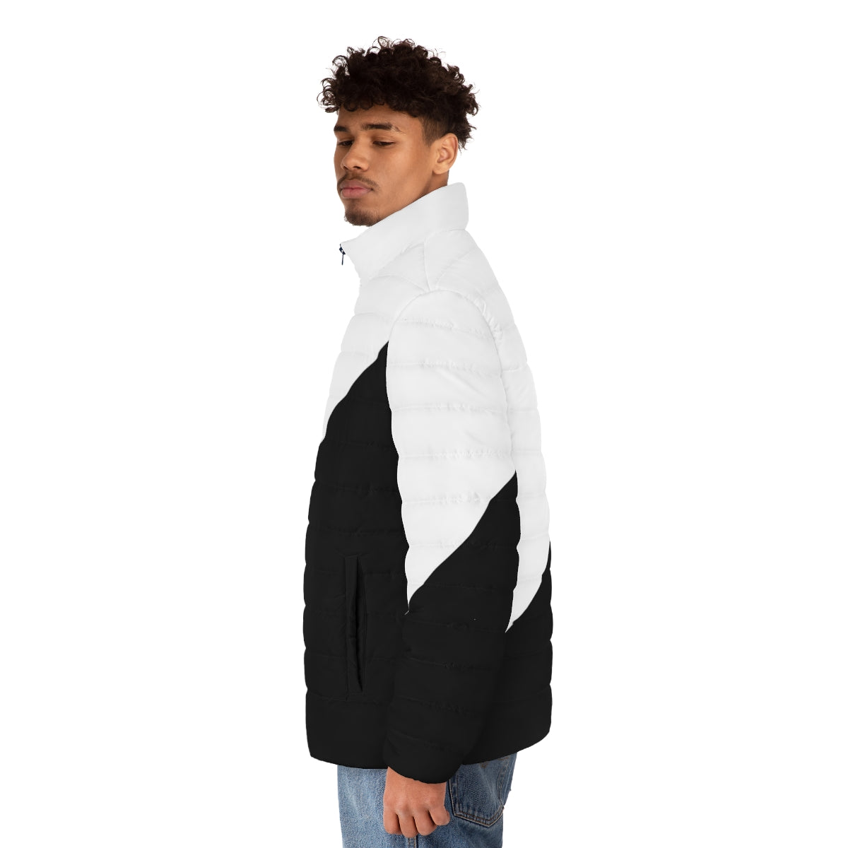 Diagonal half white and black puffer jacket with abstract geometric pattern - men side left