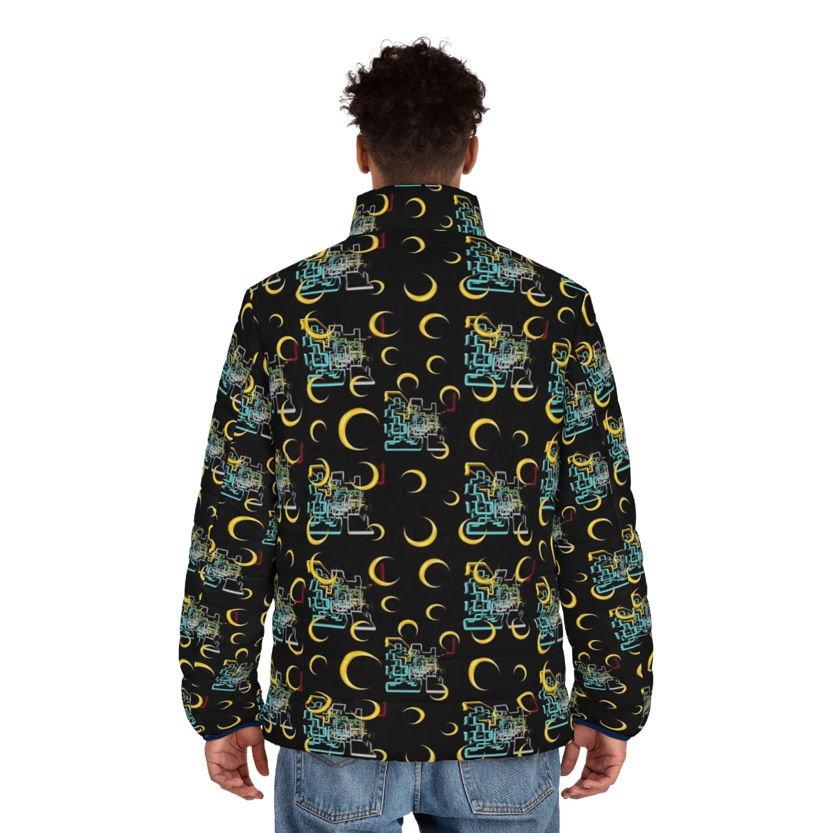 Colorful dan flashes pattern puffer jacket with abstract and graphic designs - men back