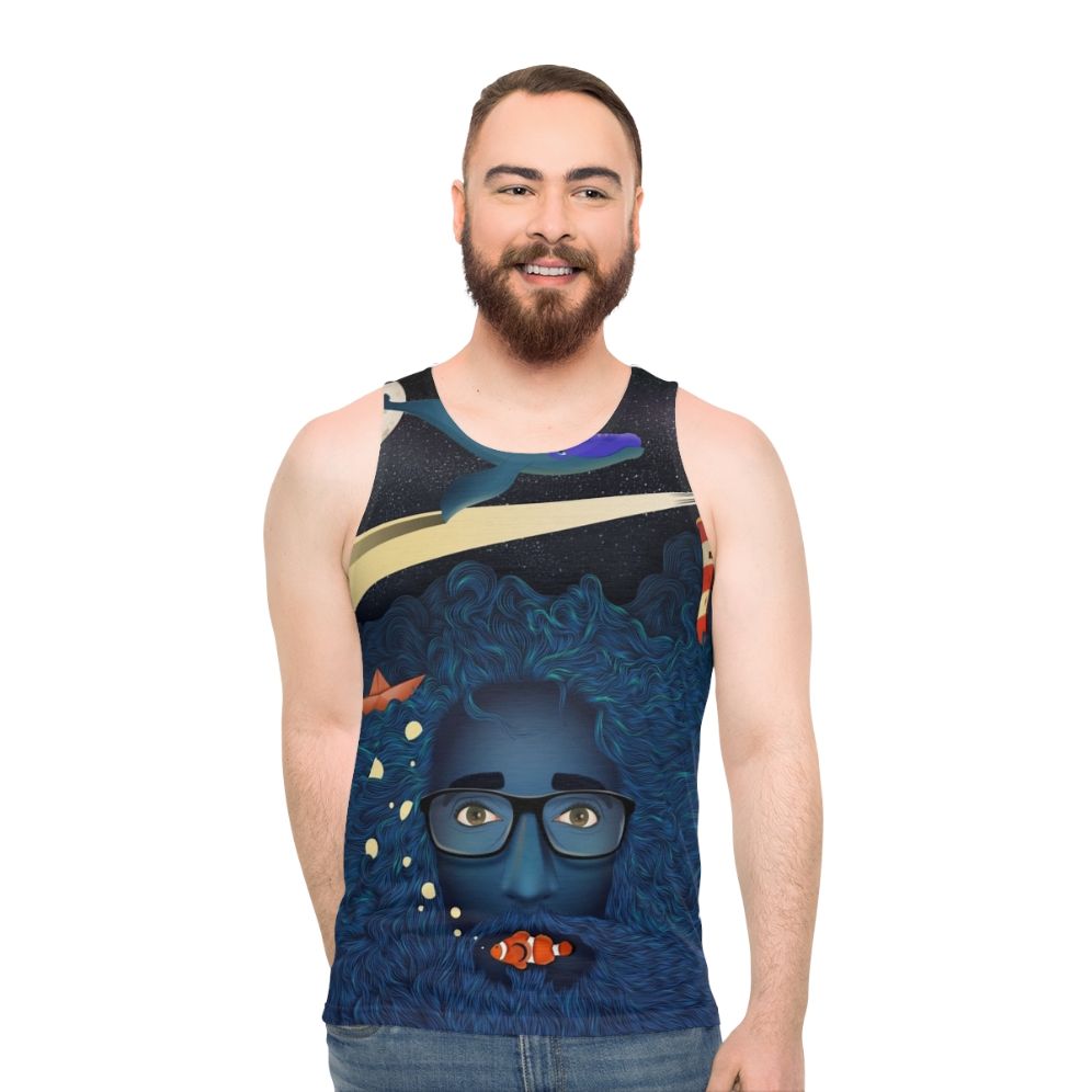 Unisex tank top with a deep thoughts and calma art ocean-themed fantasy design - men