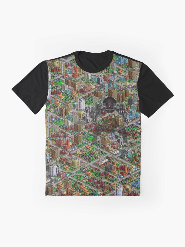 Retro SimCity 2000 pixel art graphic t-shirt with high contrast design - Flat lay