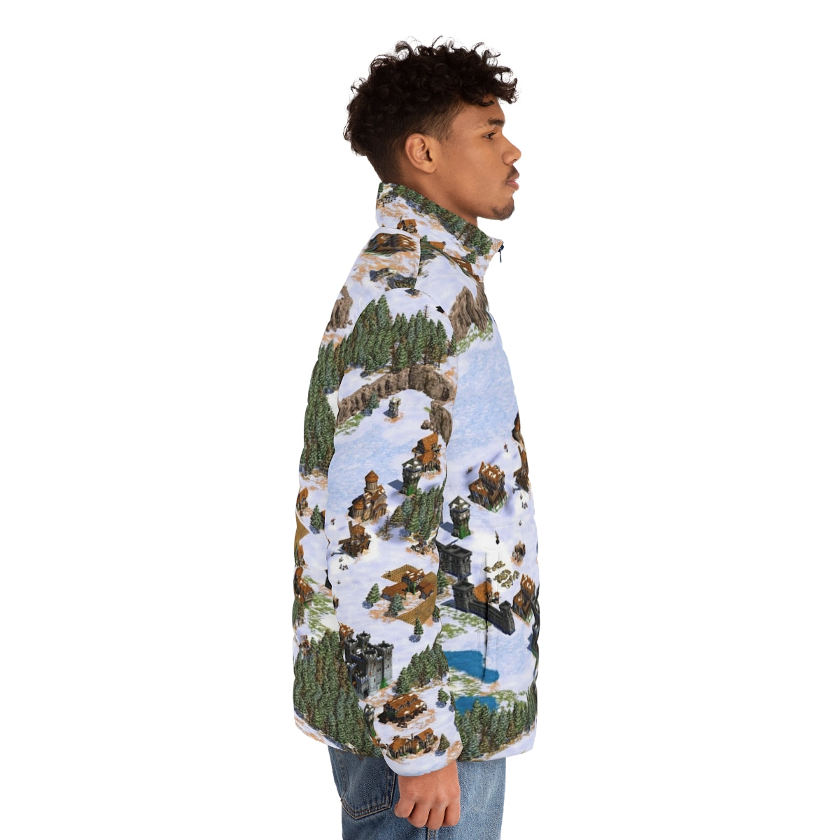 Age Of Empires Snowy Landscape Puffer Jacket featuring a vintage gaming design - men side right