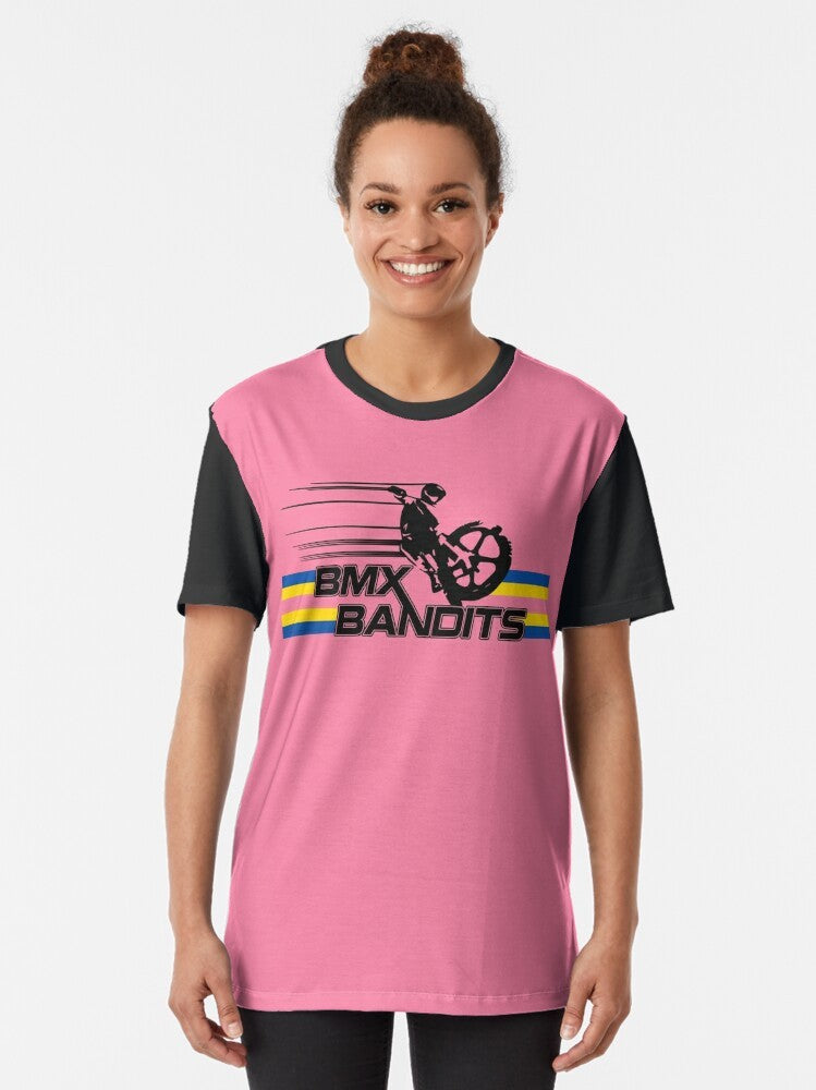 Vintage BMX Bandits graphic t-shirt design featuring retro motorcycle and bike elements - Women