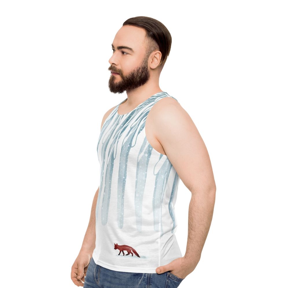 Unisex tank top with a snowy forest and fox design - men side