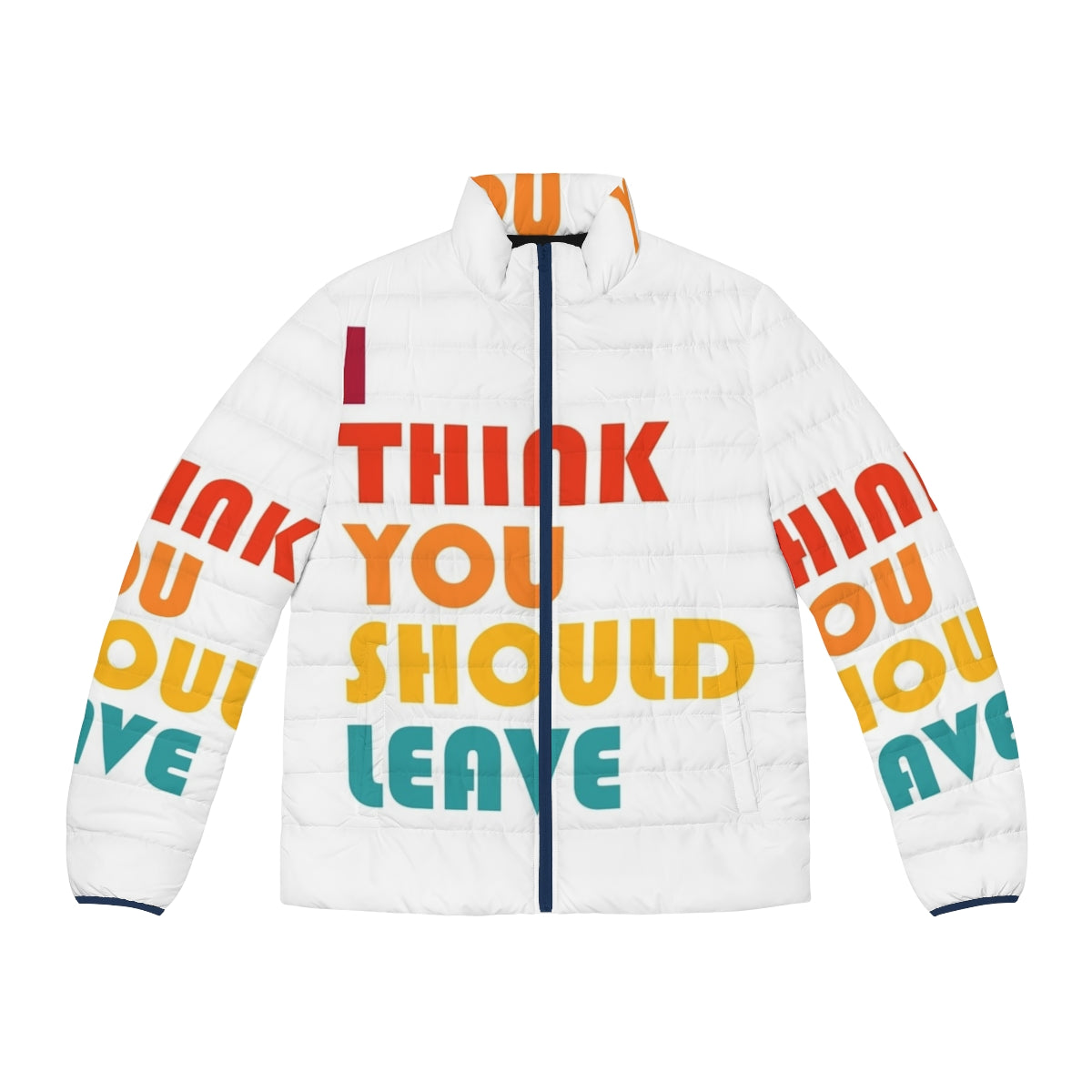 Retro-style "I Think You Should Leave" puffer jacket featuring graphic design inspired by the popular Netflix sketch comedy series