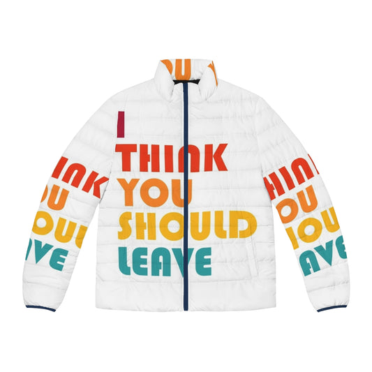 Retro-style "I Think You Should Leave" puffer jacket featuring graphic design inspired by the popular Netflix sketch comedy series