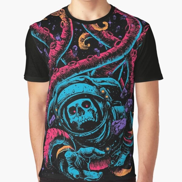 A colorful and surrealist graphic t-shirt featuring a lost, scary, and spooky design.