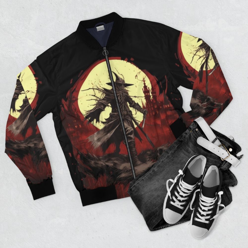 Bloodborne-inspired bomber jacket with horror-themed design, featuring eldritch and dark fantasy elements. - Flat lay