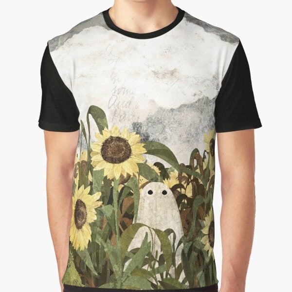 Graphic t-shirt design featuring a ghost in a sunflower field