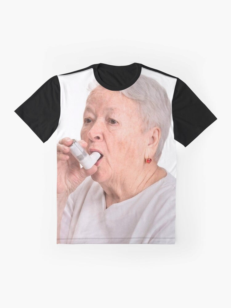 Grandma's Inhaler graphic t-shirt, featuring a vintage-style design with a medical inhaler and the text "Grandma's Inhaler" - Flat lay