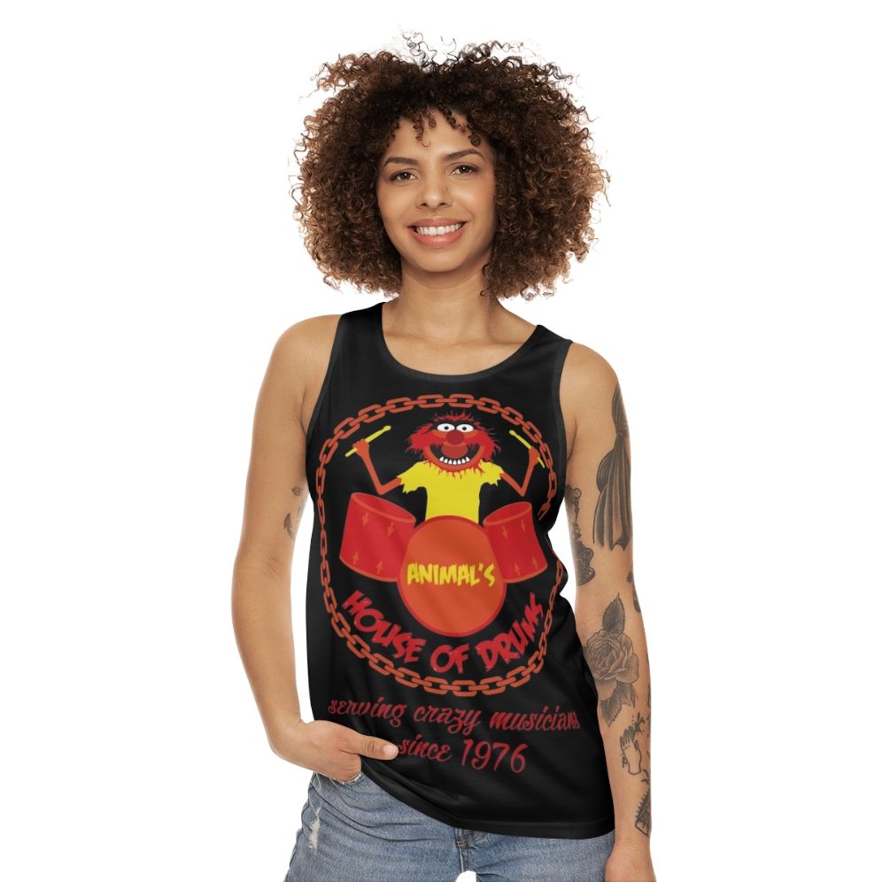 Muppet-Inspired Unisex Tank Top with Drums and Chains - women