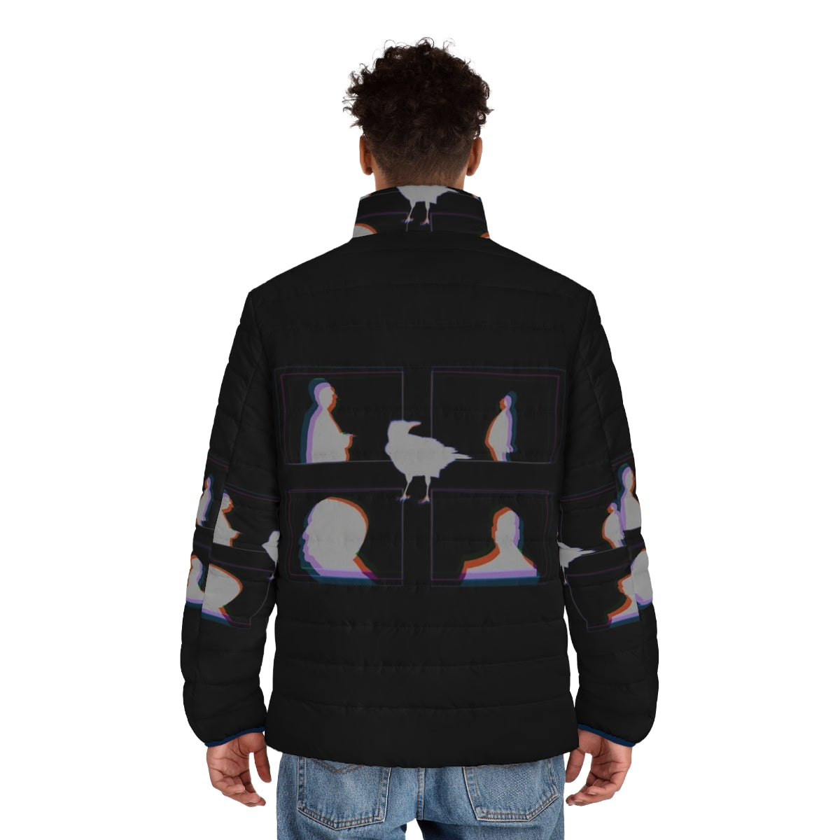 Alfred Hitchcock inspired puffer jacket with a crow design, featuring the iconic director's silhouette. - men back