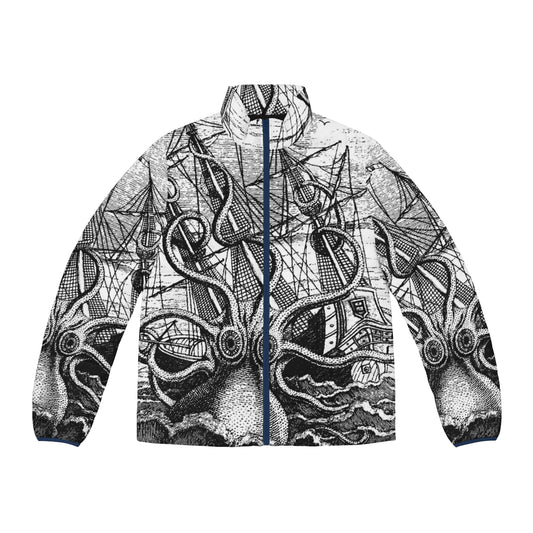 Vintage puffer jacket featuring an illustration of the mythical kraken sea monster attacking a sailing ship