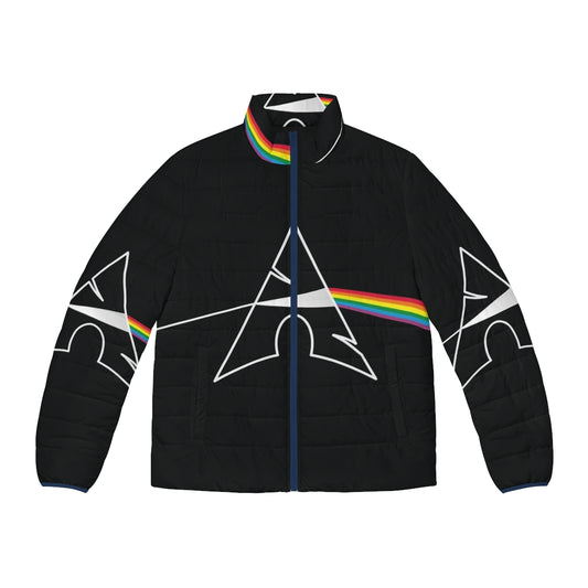 Dark Side Arch Linux Puffer Jacket featuring a minimalist design inspired by the iconic Pink Floyd album cover