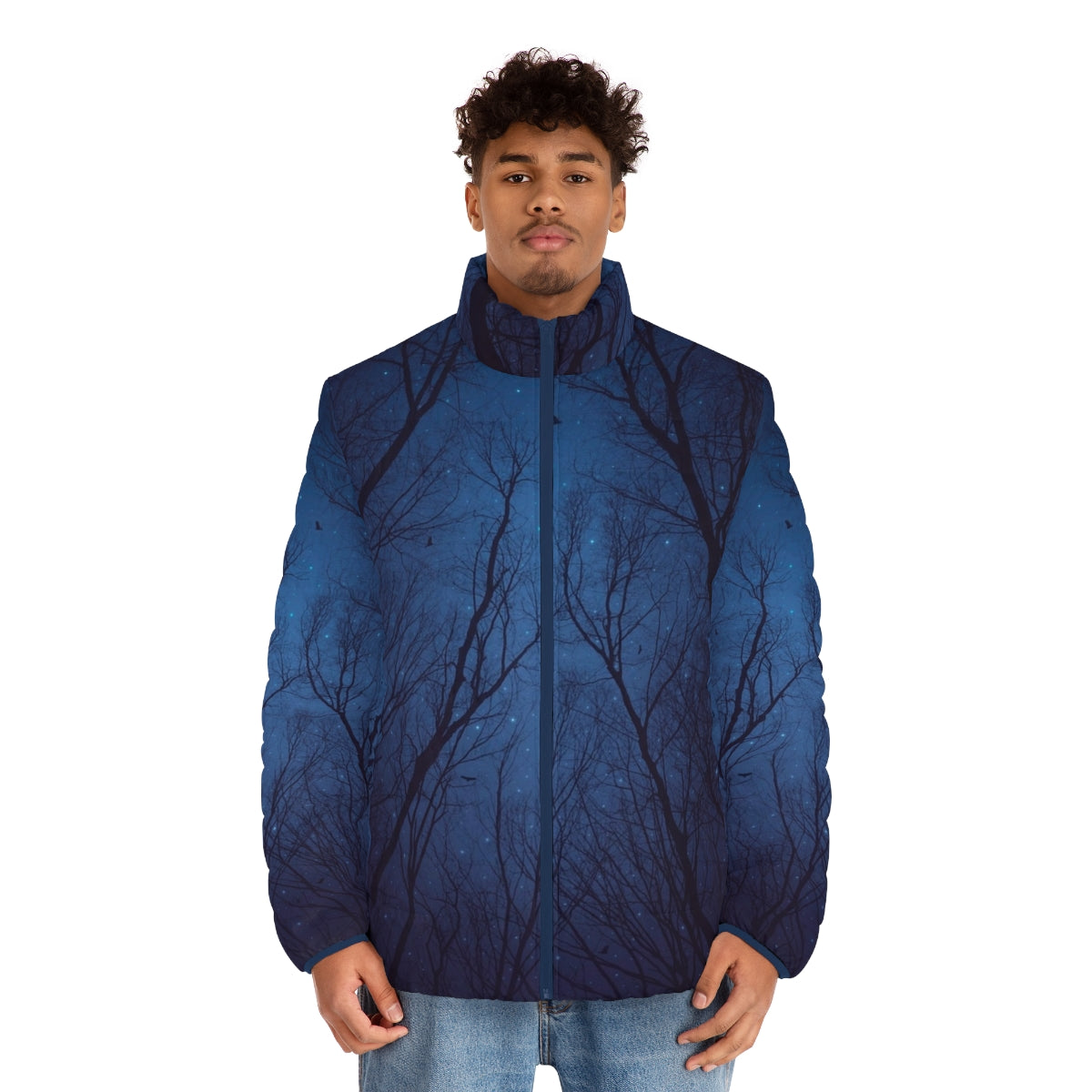 Puffer jacket with a cosmic design featuring a starry night sky, nebula, and abstract tree silhouettes - men front