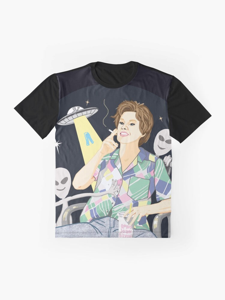 Graphic t-shirt featuring Kate McKinnon as Ms Rafferty from SNL in an alien abduction scene, for LGBT+ fans - Flat lay