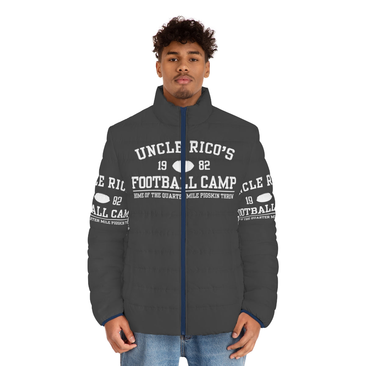 Uncle Rico's Football Camp Puffer Jacket with Napoleon Dynamite inspired design - men front