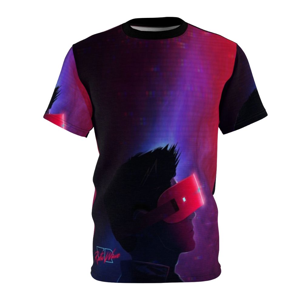 Retro futuristic virtual reality-inspired t-shirt with cyberpunk retrowave design