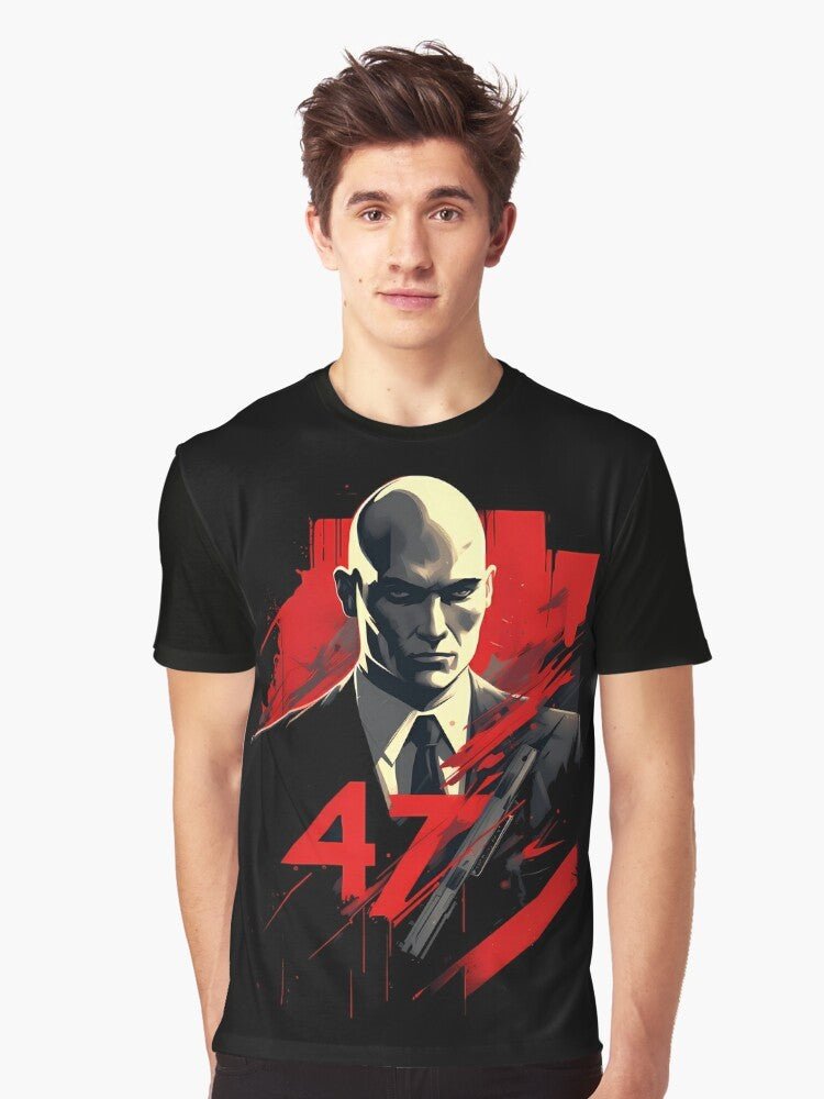 A graphic t-shirt featuring the iconic Agent 47 character from the Hitman video game series. - Men