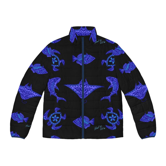 Puffer jacket with Hawaiian wildlife design including sea turtles, sharks, and tropical fish