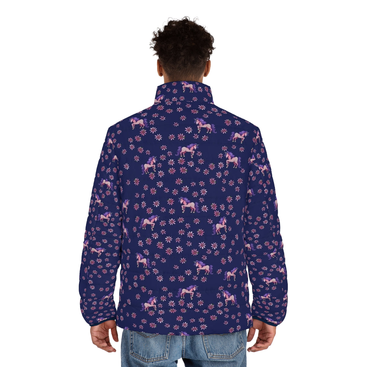 A vibrant puffer jacket featuring a magical unicorn and floral print design - men back