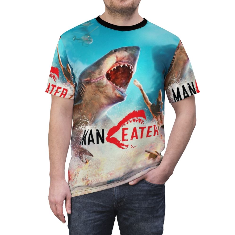 Artwork featuring a fierce shark aggressively attacking its prey, inspired by the popular "Maneater" survival video game. - men front