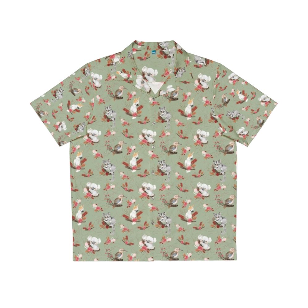 Colorful Australian eucalypt Hawaiian shirt featuring native flora and fauna