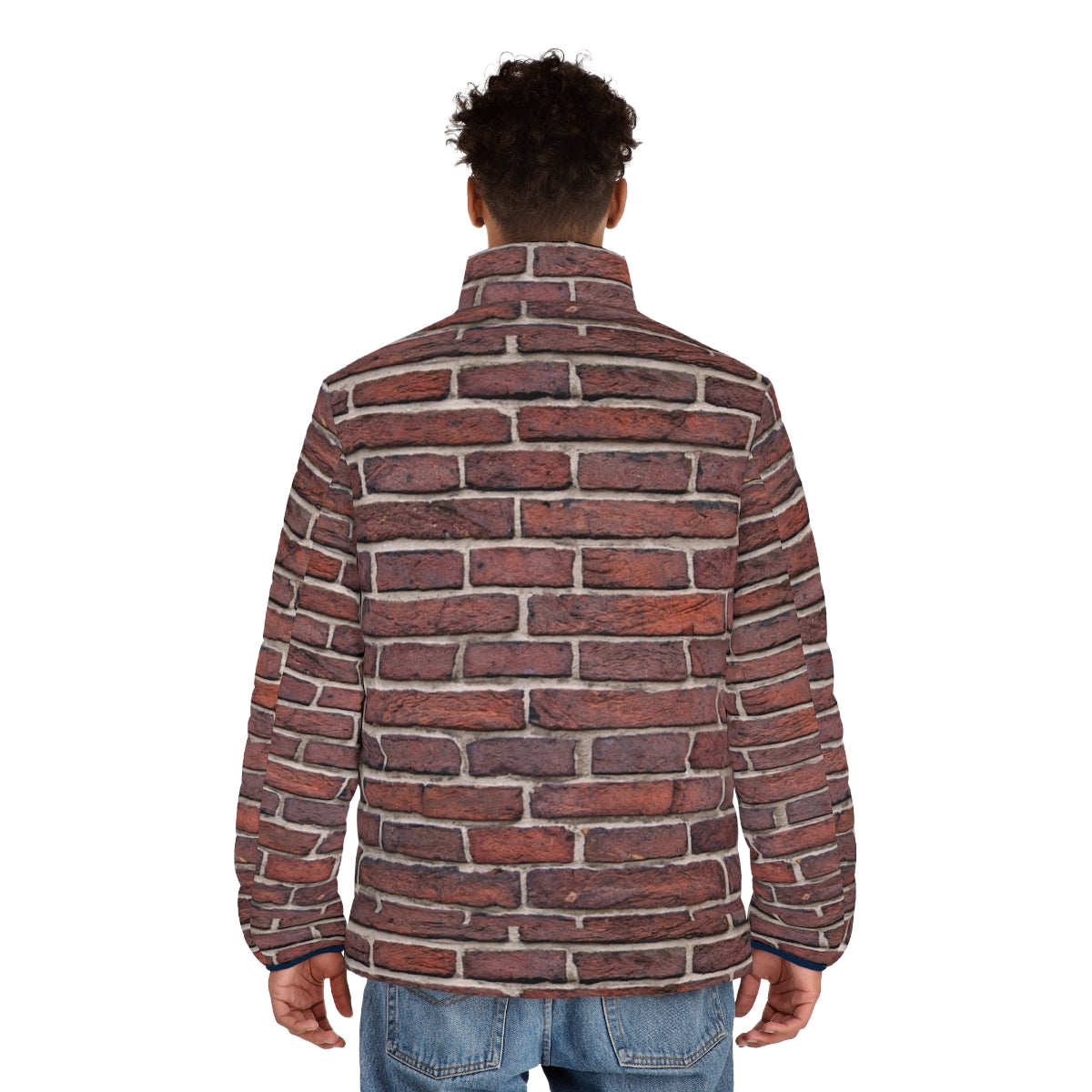 Brick Wall Puffer Jacket with Red Brick Wall Texture and Grunge Design - men back