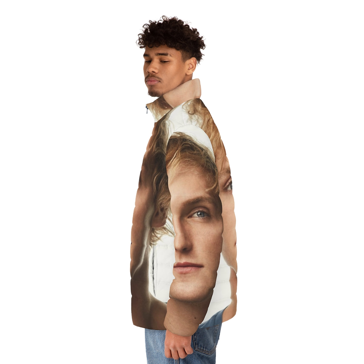 Logan Paul wearing his signature puffer jacket, focus keyword: logan paul puffer jacket - men side left