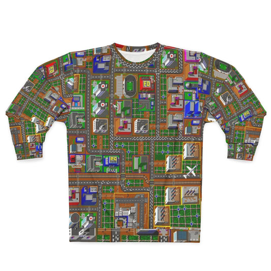 Retro Simcity 1 gaming sweatshirt with pixelated graphics