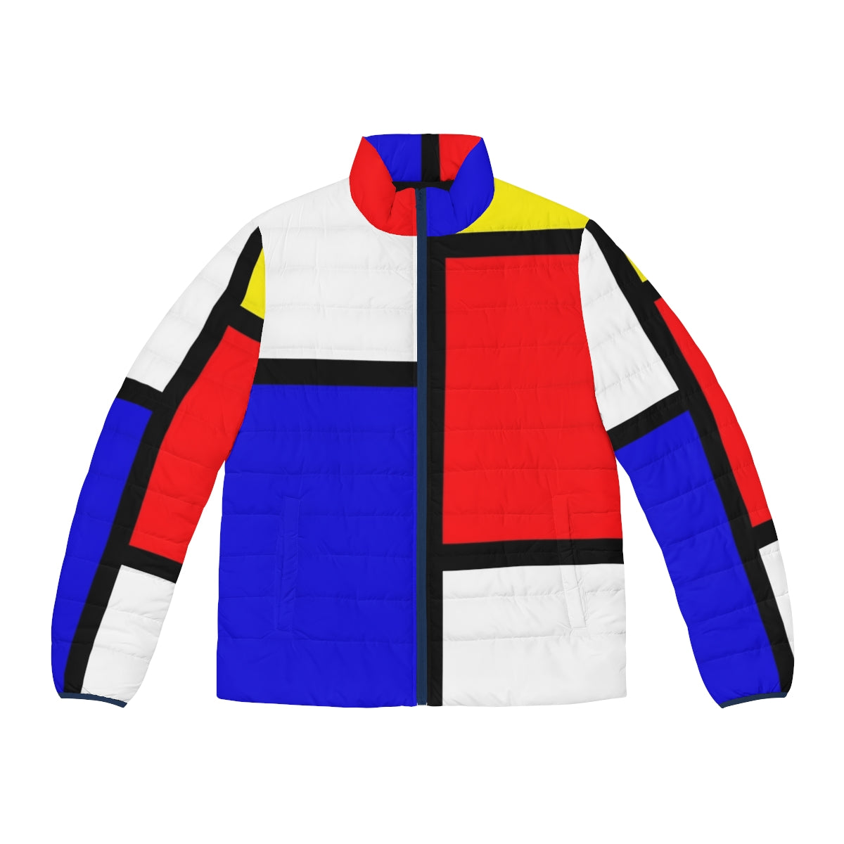 Mondrian inspired geometric puffer jacket in bold primary colors