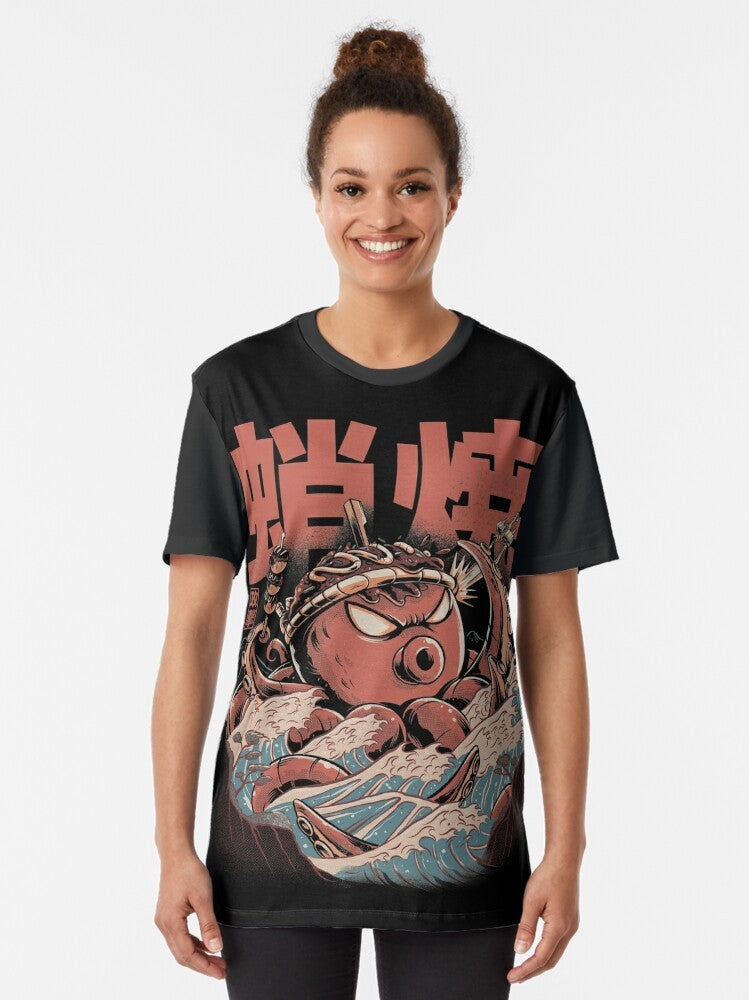 Retro Japanese Takoyaki Kaiju Graphic T-Shirt featuring an angry takoyaki creature in a vintage, ilustrata style. - Women