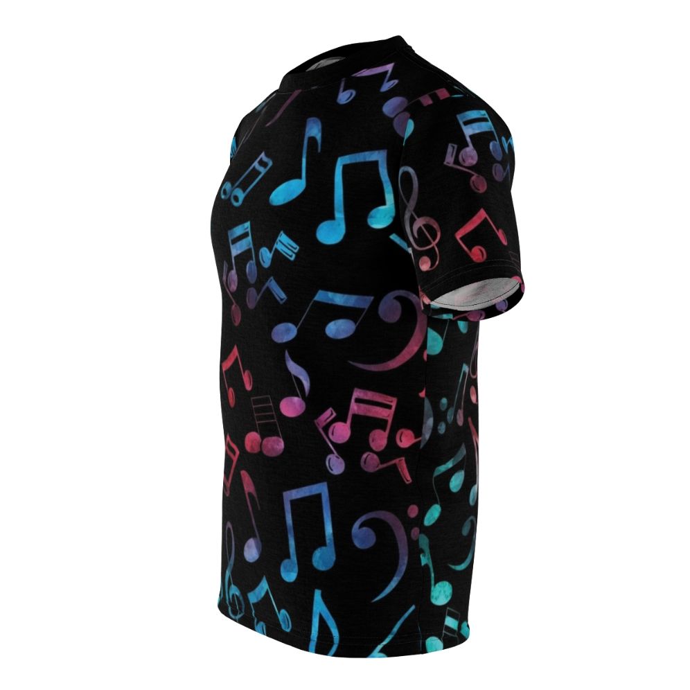 Vibrant multi-color music notes pattern design on a t-shirt, perfect for musicians and music lovers. - men left