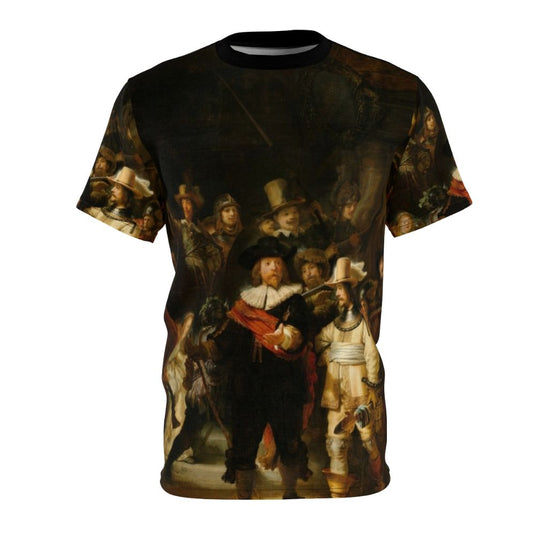 Rembrandt's famous painting "The Night Watch" featured on a high-quality all-over print t-shirt.