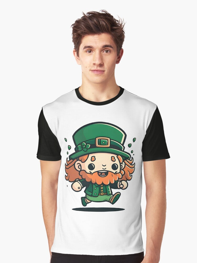 A happy leprechaun wearing a green hat and bow tie on a graphic t-shirt design - Men