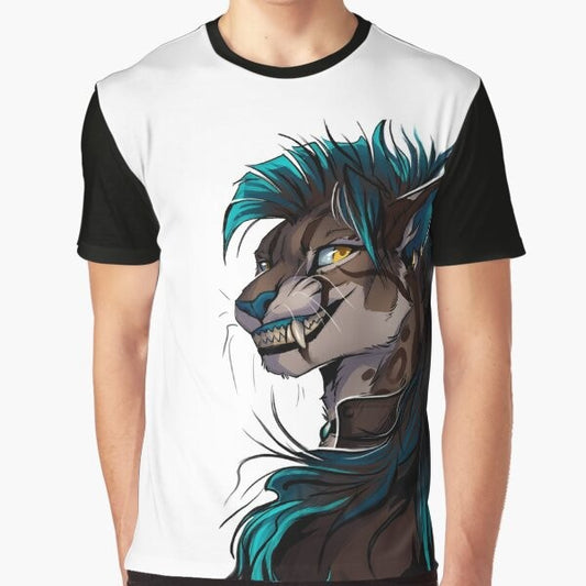 Anthro caracal character with a creepy smile on a graphic t-shirt design