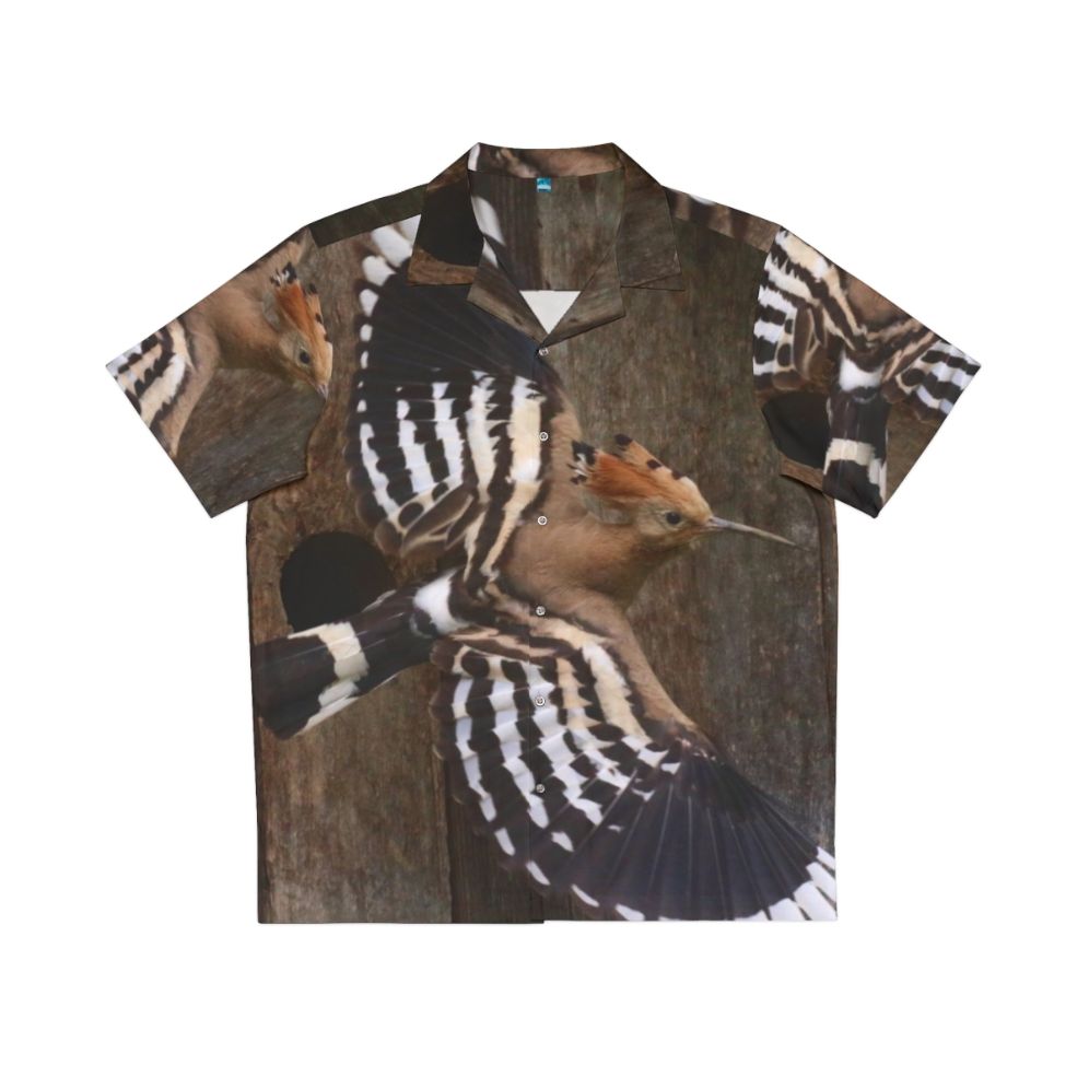 Hoopoe bird in flight printed on a Hawaiian-style shirt