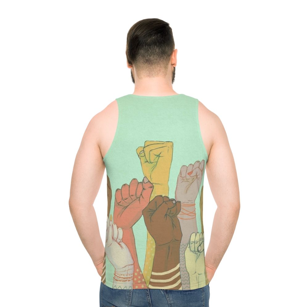 Unisex tank top with colorful arm pattern design representing diversity and unity - men back