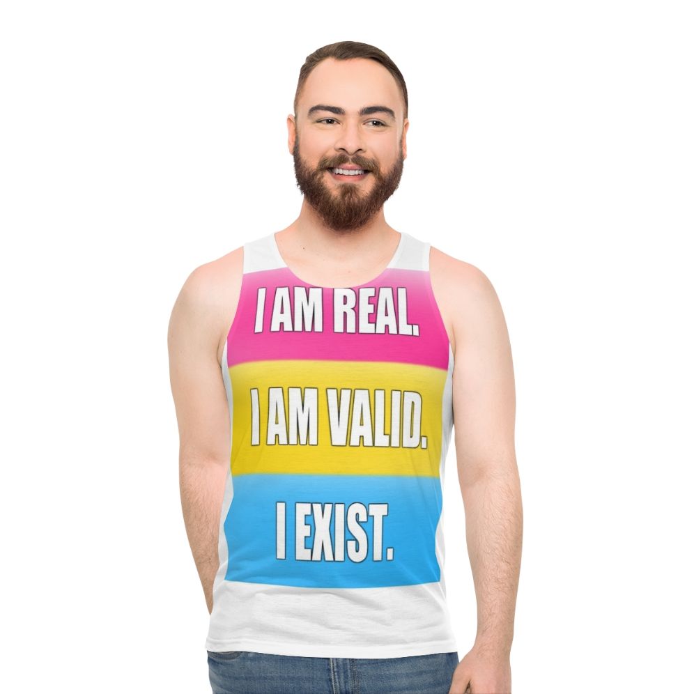 Pansexual pride unisex tank top with the text "I Am Real, I Am Valid, I Exist" - men