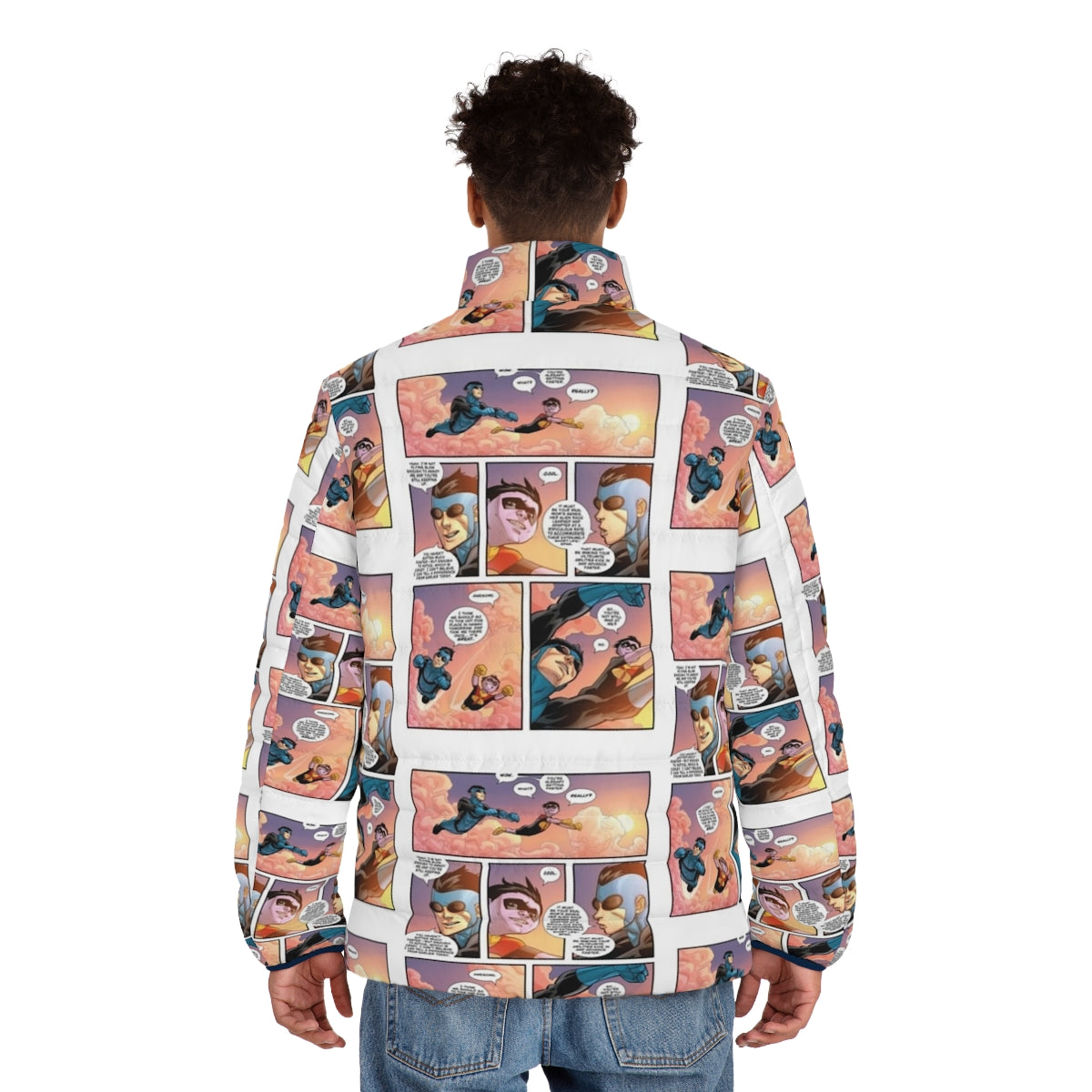 Superhero-inspired puffer jacket featuring Invincible and Omni Man characters - men back