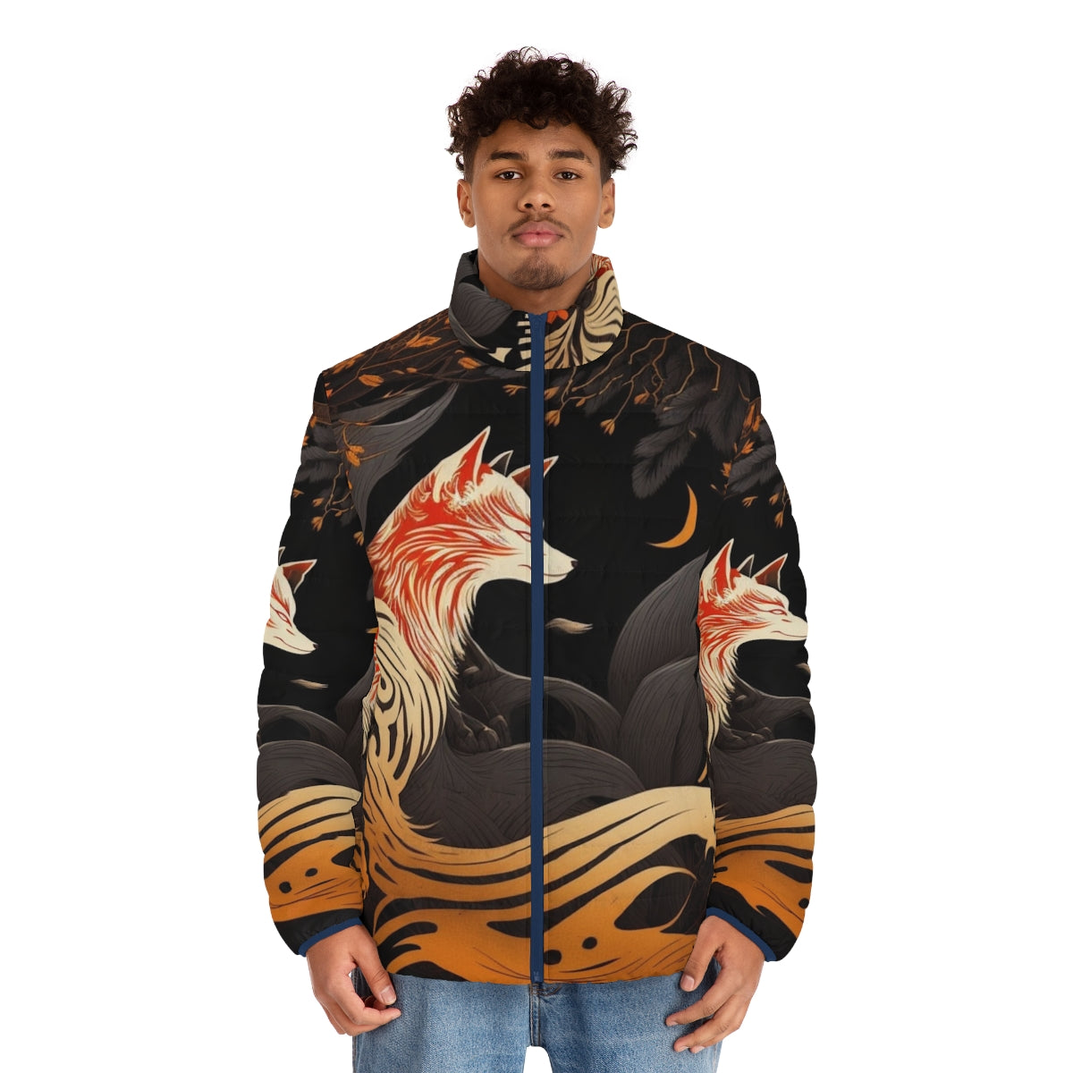 Kitsune Japanese art-inspired puffer jacket with a fox emblem design - men front