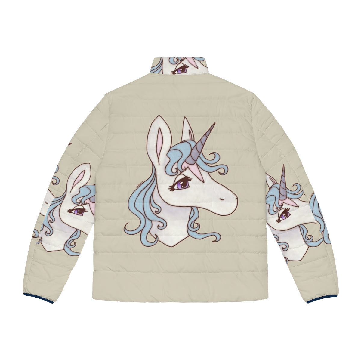 A puffer jacket featuring the iconic Lady Amalthea from the fantasy classic The Last Unicorn - Back