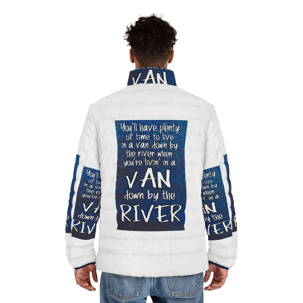 Puffer jacket with "Van Down by the River" graphic, a tribute to Chris Farley's iconic SNL character - men back