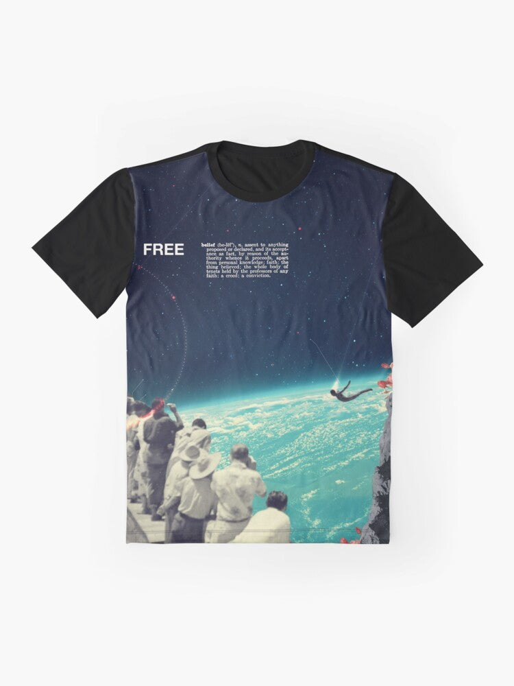 A free graphic t-shirt featuring a surreal, collage-style design with space, people, and retro sci-fi elements. - Flat lay