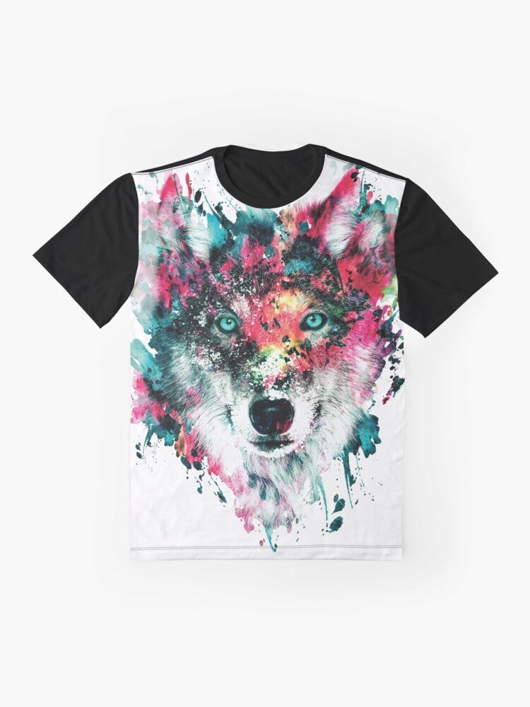 Vibrant and abstract watercolor wolf face graphic t-shirt design - Flat lay